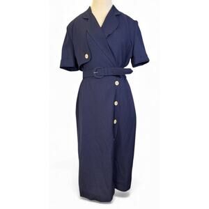 Vintage 80s Henry Lee Short Sleeve Belted Trench Coat Dress Sz 8 Navy Blue Retro